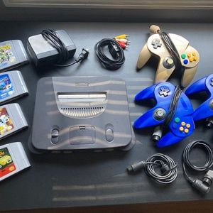 Nintendo 64 console with controllers